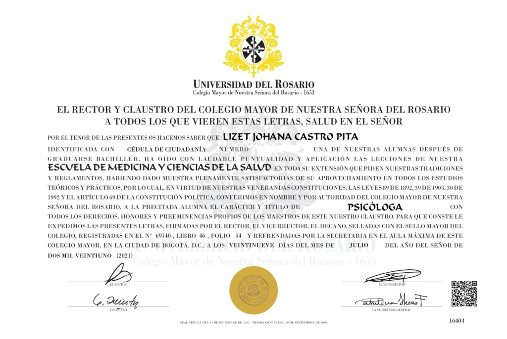 Diploma di laurea in Psicologia della Dott.ssa Lizet Castro Pita, Psicologa a Cesena iscritta all'Ordine degli Psicologi dell'Emilia-Romagna